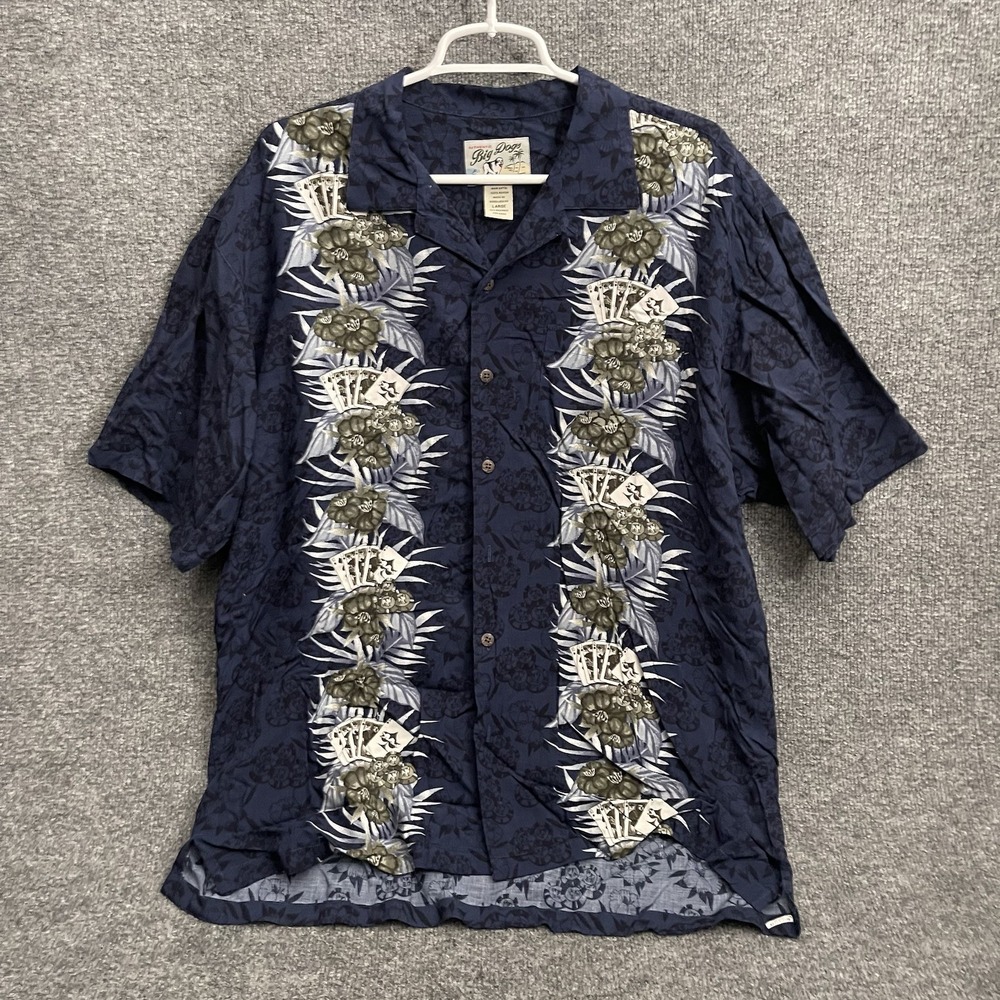 Big Dogs Hawaiian Shirt Men's L Short Sleeve Button Up Rayon Play To Win Blue